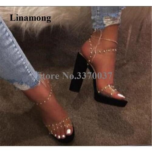 Women Elegant Fashion Clear PVC Straps Rivet Chunky Heel Gladiator Sandals High Platform Ankle Strap Buckle Heels Dress Shoes