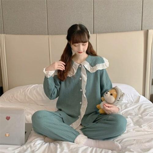 Pajamas 2PCS autumn winter cotton gauze nightgowns princess style long-sleeve casual home clothes sweet girl sexy nightwear