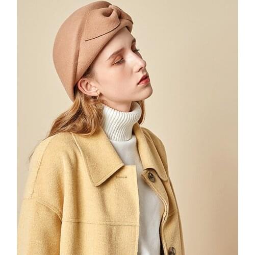 K92 New 2020 Ladies Hat Female Felt Hat Autumn And Winter Woolen Beret Elegant Solid Color Retro Hat Bow Stewardess Caps