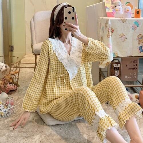 2021 Spring Autumn Thin Double Gauze Cotton Maternity Pajamas Long Sleeve Maternity Nursing Breastfeeding Sleepwear Nightwear
