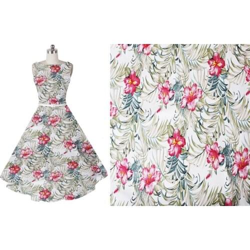 YY DIY Delicate Brand Design Feather Leaf & Red Flower Printed Cotton Spandex Fabric 50x140cm