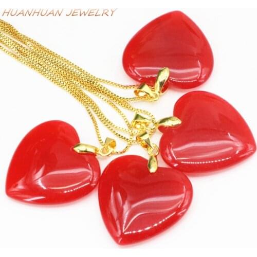 Fashion Statement Women 25mm Heart Shape Pendant Red Natural Stone Jades Chalcedony Chain Necklace Charms Womens Jewelry B3349