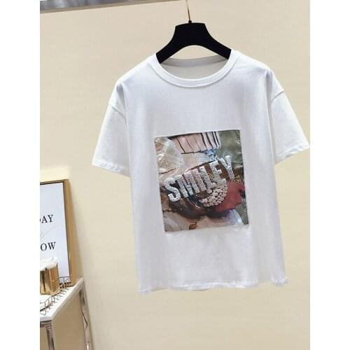 Korean Plus Size Letters Printed Short-sleeve White T-shirt Women Summer O-neck Loose Casual Tees Tops 2021 Fashion Clothing New
