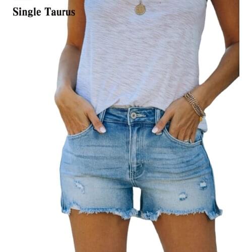 Female Distressed Jeans Shorts Summer Ripped Elasticity Denim Shorts Streetwear Casual Blue Shorts Pantalones Vaqueros Mujer