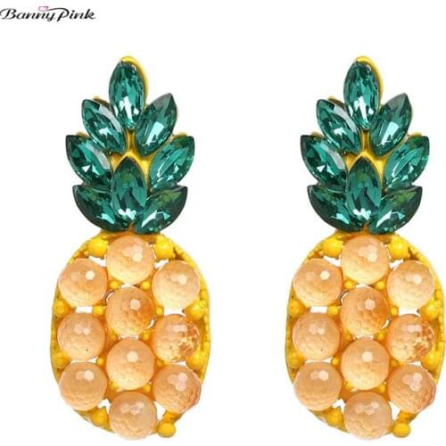 Banny Pink Full Rhinestone Pineapple Earrings For Women Cute Crystal Statement Studs Earrings Lovely Fruit Metal Post Earrings