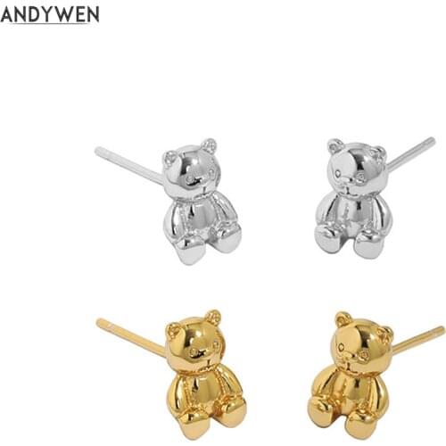 ANDYWEN 925 Sterling Silver Gold Plain Little Bear Stud Earring Women Tiny Women Crystal Jewelry 2021 Wedding Party Jewels Gift