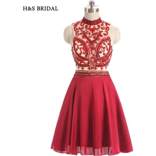 H&S BRIDAL High Neck Sheer Beaded Sexy Short Prom Party Dresses Red Backless New Arrival Cocktail Dresses