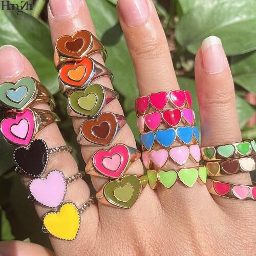 HangZhi 2021 New Heart Love Colorful Enamel Oil Dripping Metal Ring for Girls Women Jewelry Sweet Romantic Dating Party Jewelry