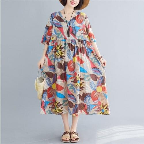 Uego 2021 New Arrival Short Sleeve Loose Summer Dress Soft Cotton Linen Print Floral Holiday Beach Casual Dress Women Long Dress