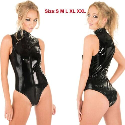 S-XXL 2018 Sexy Black Zipper Latex PVC Fetish Lingerie Sexy Club Jumpsuit Costume Bodysuit Wet Look Sleeveless Lingerie
