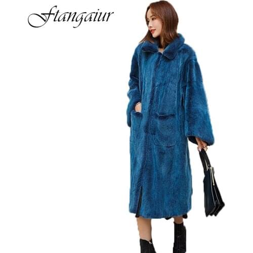 Ftangaiur 2020 Winter Import Purple Standard Velvet Mink Fur Coat Womens Turn-Down Collar X-Long Natural Real Mink Fur Coats