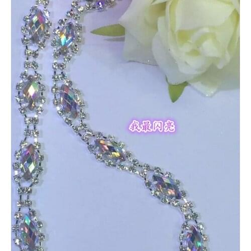 1Yard Crystal AB Glass Rhinestone Bridal Trim Fashion Chain Silver LW0035 1.2cm