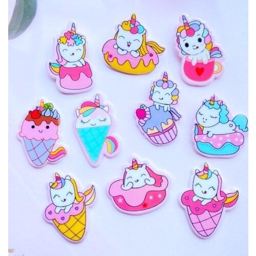 10Pcs/lot New Acrylic Lovely Unicorn ice cream Flat back Cabochon Scrapbooking Hair bow Center Embellishments DIY Accessories C6