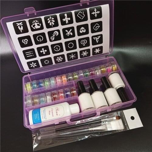 24 Colors Powder Glitter 2 Brushes 4 Glues 1 Hollow Template for Temporary Tattoo Kids Gift DIY nail Body Art Tool