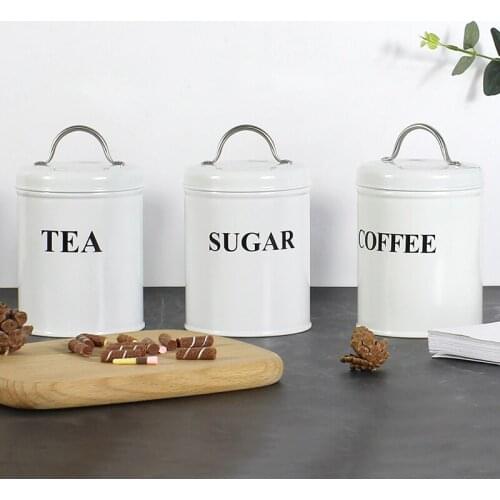 White 3pcs Set Storage Box for Coffee Sugar Tea Coffee Bean Powder Candy Container Bins Metal Jar Lids for Kitchen Orgainze Tank