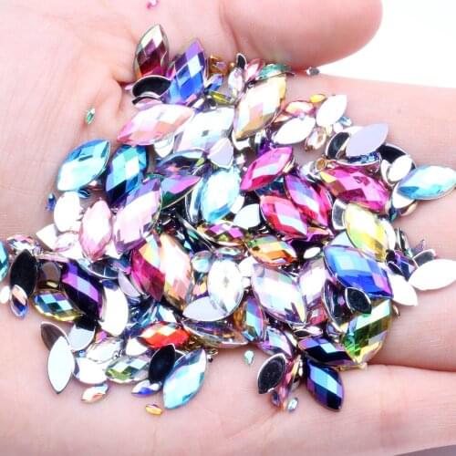 5x10-7x15mm 100-30pcs AB Color Horse eye Acrylic Rhinestones FlatBack Crystal Stones Beads Non Sewing Gems for Nail DIY Clothes