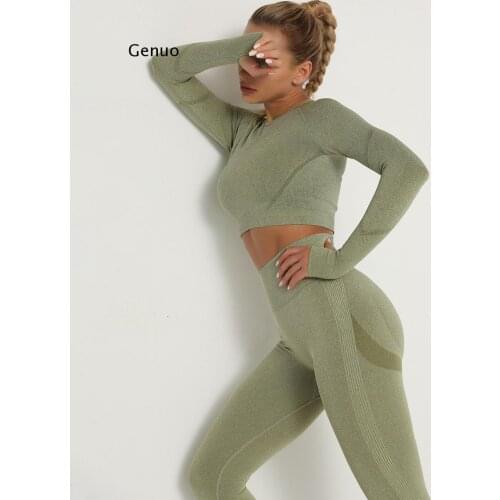 Seamless Women Gym Set Long Sleeve Top High Waist Belly Control Sport Leggings Gym Clothes Seamless Sport Suit Sexy Booty Girls