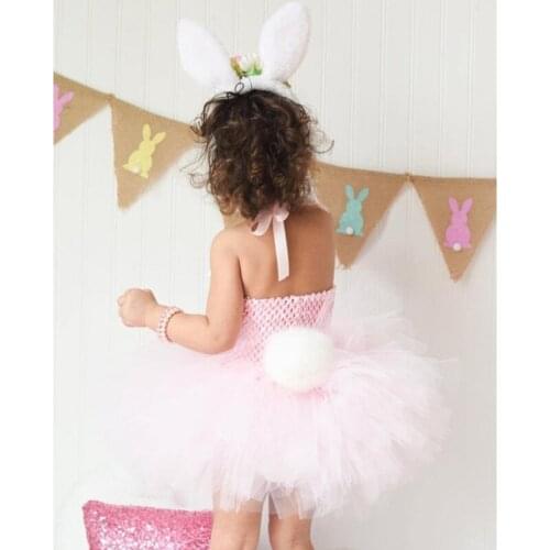 D0AF Kids Baby Girls Rabbit Tail Pink Tulle Halter Bowknot Tutu Dress with Bunny Ears Headband Easter Party Cosplay Costume