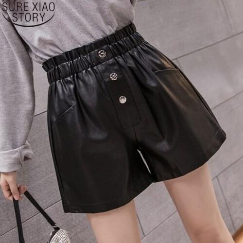 Elegant PU Leather Shorts Women 2021 Autumn and Winter Elastic High Waist Shorts Wide-Leg Shorts Fashion A-line Bottoms 11090