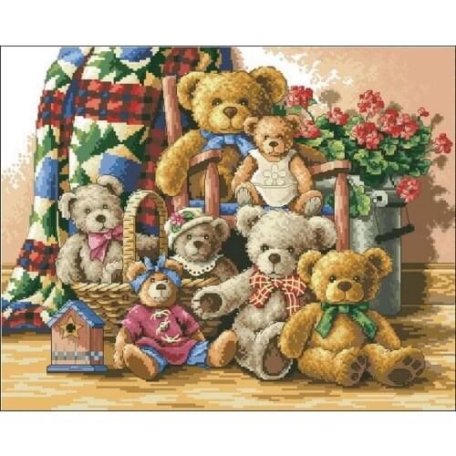 COTTON High Quality Counted Cross Stitch Kit Teddy Bear Gathering Party Family Club dim
