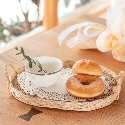 Rattan Handwoven Round Tray With handle Fruit Basket Food Storage High Wall Severing Platters For Breakfast Drink Snack Coffee
