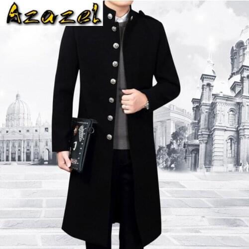 Hot Mens Korean Slim stand collar Metal buckle Long Windbreaker woollen coat Mens Fashion personality jackets stage costume