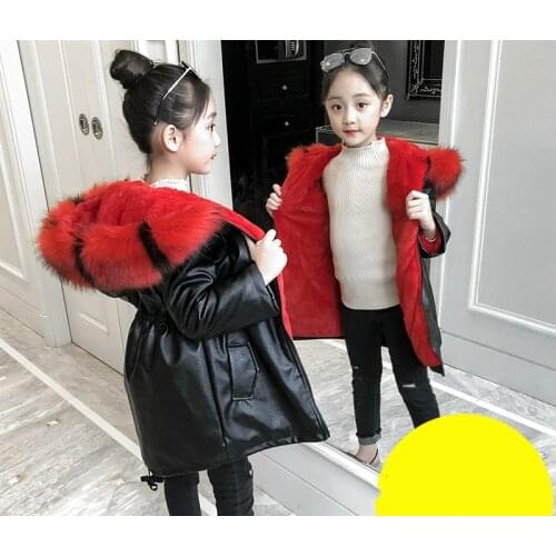 2020 Winter New Girls In The Long Section Thick Warm PU Leather + Fur Cotton Jacket