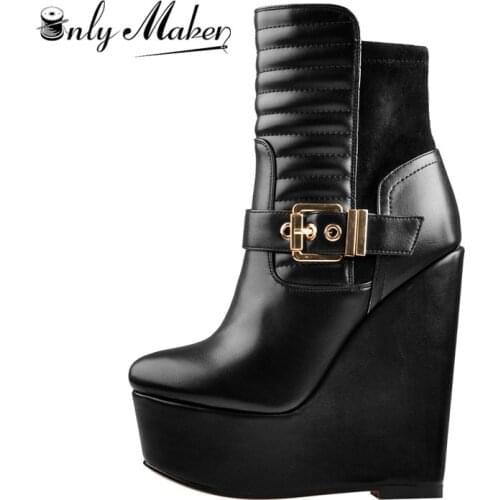 Onlymaker Womens Wedge 16CM High Heels Ankel Boots Soft Leather For Party Dress Lady Zipper boots Plus size For Winter