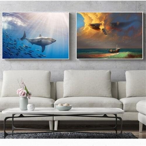 Sea Animal Fish Goldfish Dolphin Shark Poster Wall Pictures for Living Room Decoration Canvas Painting