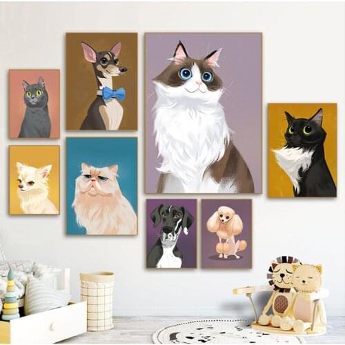 Cartoon Pet Dog Cat Poster Animals Posters Canvas Painting Wall Art Pictures for Living Room Nordic Girl Boy Kids Room Decor