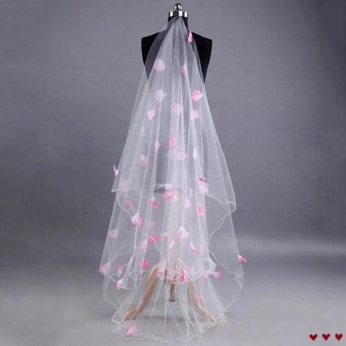 Romantic Wedding Veil Dress Pink Petals Decoration Veil Layers Tulle Ribbon Edge Bridal Veils 2023