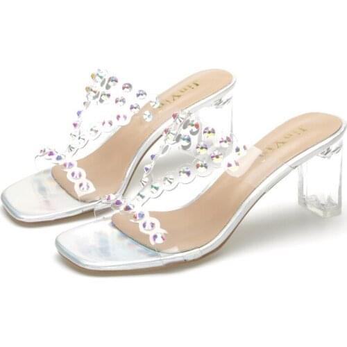 Women Sandals Women High Heels Sandals Summer Shoes PVC Slip On 8CM Thick High Heels Square Toe rivet Shallow women shoes black