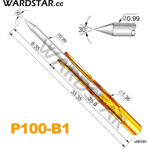 100pcs/lot P100-B1 Dia 1.0mm Spring Test Probes Pogo Pin Length 33.35mm (Stroke Spring Froce:180g) Wholesale