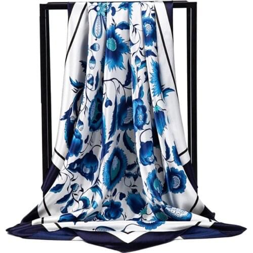 Hijab Silk Scarf for Women Black Blue Floral Fashion Print Square Head Scarves New Luxury Brand Autumn Satin Head Shawl 90x90cm