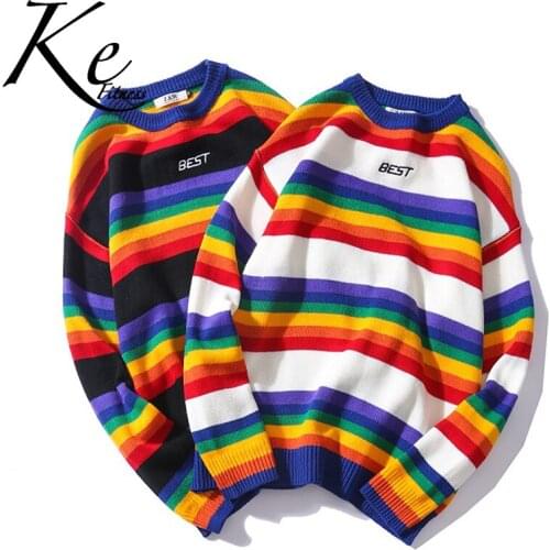 KE 2021 Korean retro hit color round neck sweater rainbow striped sweater trendy men and women couples ins loose top