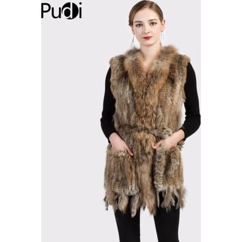 VR015 Women Genuine Natural Real Rabbit Fur Knitted Vests /Waistcoat/ Gilet Coats With Tassels Raccoon Dog Fur Collar Long Style