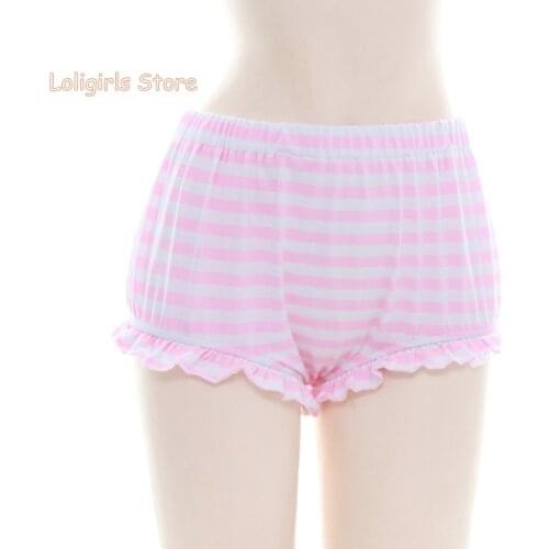 Japanese Women Sweet Lace Striped Leggings Pumpkin Shorts Cotton Bloomers Lolita Pink White Kawaii Cute Ruffle Shorts