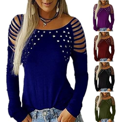 Women Cotton T-shirt Sexy Long Sleeve Hollow Rhinestone Round Neck Slim Fit Female Top Casual Autumn Big Size S-5xl Shirt