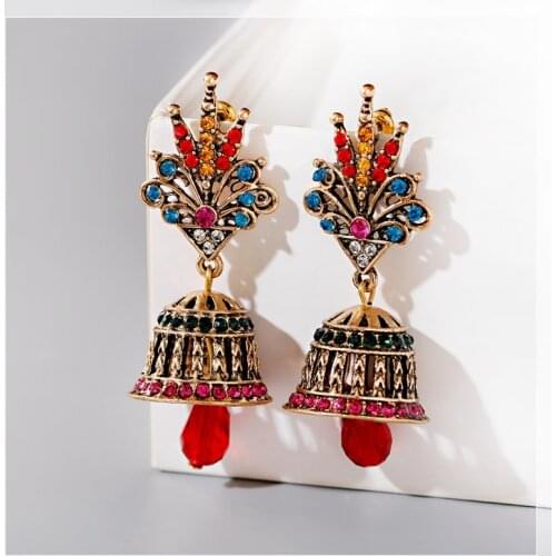 Vintage Tree Shape Earrings For Women Ethnic Carved Gold Color Alloy Boho Bells Beaded Ladies Earrings