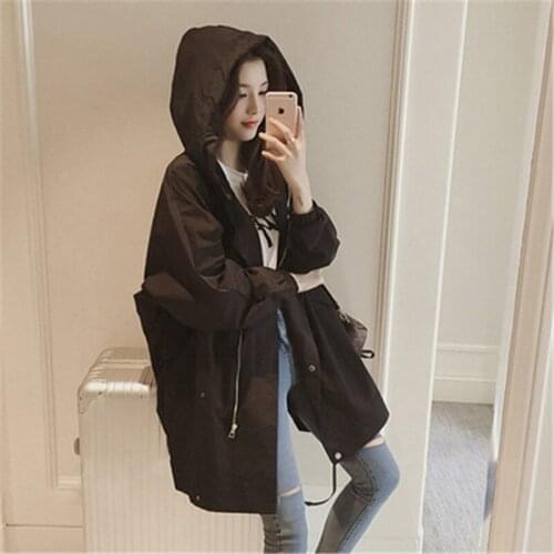 Women Large Size Loose-Fit Hooded Trench Coat Lady Mid-Length Long Sleeve Versatile Cardigan Spring Autumn Clothing Windbreaker