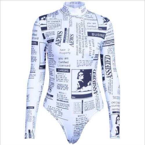 Fashion Newspaper Printed Turtleneck Long Sleeve Bodysuit Women 2020 Summee Individuality Slim Skinny Open Croth Body