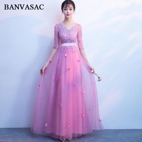 BANVASAC 2018 Lace Appliques V Neck Flowers A Line Long Evening Dresses Party Sash Illusion Half Sleeve Prom Gowns