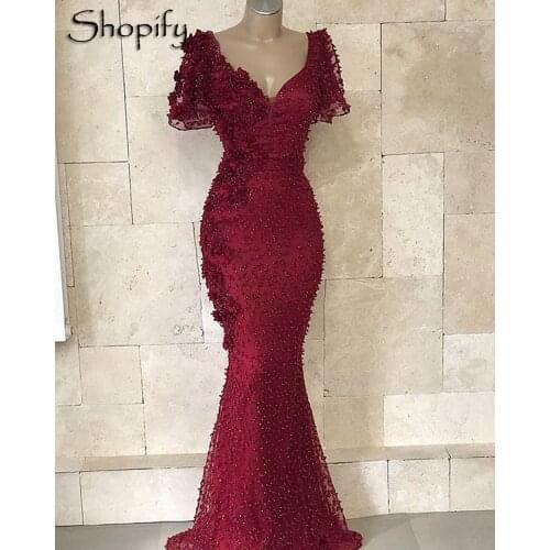 New Arrival Long Evening Dresses 2020 V-neck Mermaid Short Sleeve Luxury Beaded Embroidery Dubai Women Burgundy Formal Gowns