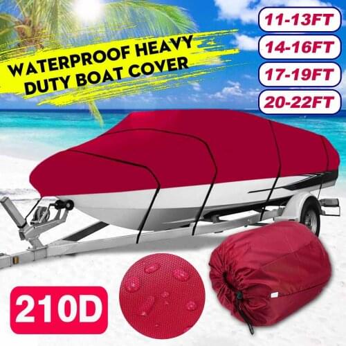 11-22 Ft 210D Red Heavy Duty Boat Cover Waterproof Anti UV Sun Dustproof Fishing Ski Marine Trailerable V-Hull Protect Canvas