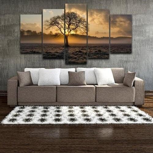 5 Piece Wall Art Canvas Landscape Poster Sunrise Tree In Foggy Morning Meadow Framed Modern Home Living Room Wall Paintings