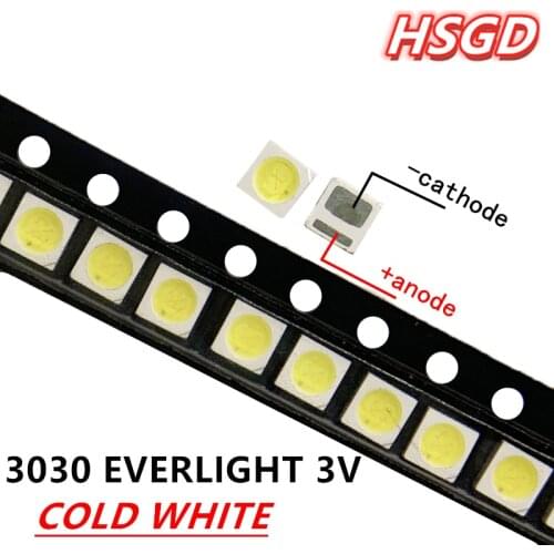 500PCS/Lot Everlight 3030 SMD LED Beads 3V Cold White 1W For TV Backlight Application