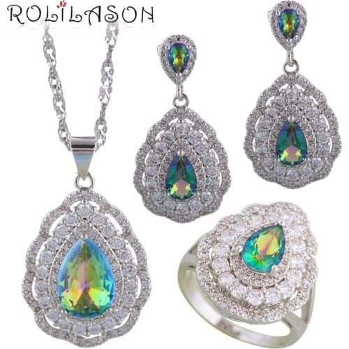 Ayowei Silver Stamped Fashion Earring Necklace Ring Multicolor Zicon White Crystal Costume Jewelry Sets Sz #6#7#8#9#10 JS704A