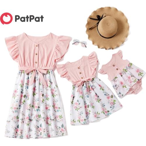 PatPat 2021 New Summer Mosaic Mommy and Me Floral Bowknot Flutter-sleeve Dress Romper for Mom - Girl - Baby