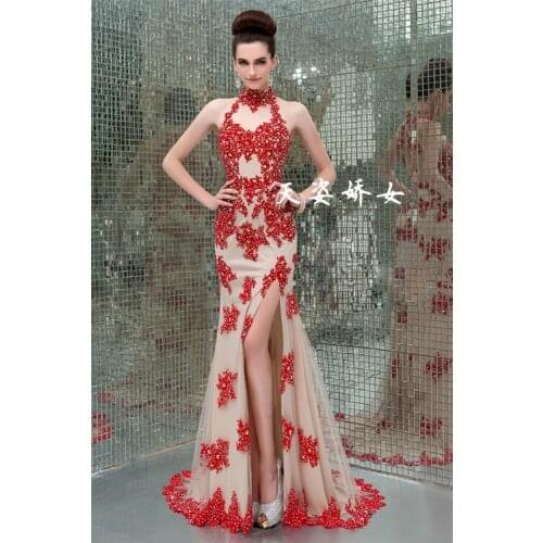 Free shipping vestido de festa robe de soiree 2016 new fashion highneck hot sexy crystal appliques party gown evening dresses