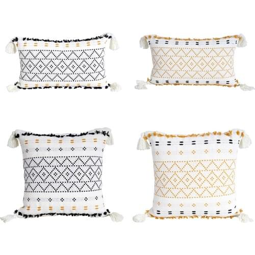 Geometric Tassel Pillowcase Black and White Simple Pillowcase 45x45CM Natural Cotton Hand-woven Home Decoration Bohemian Style